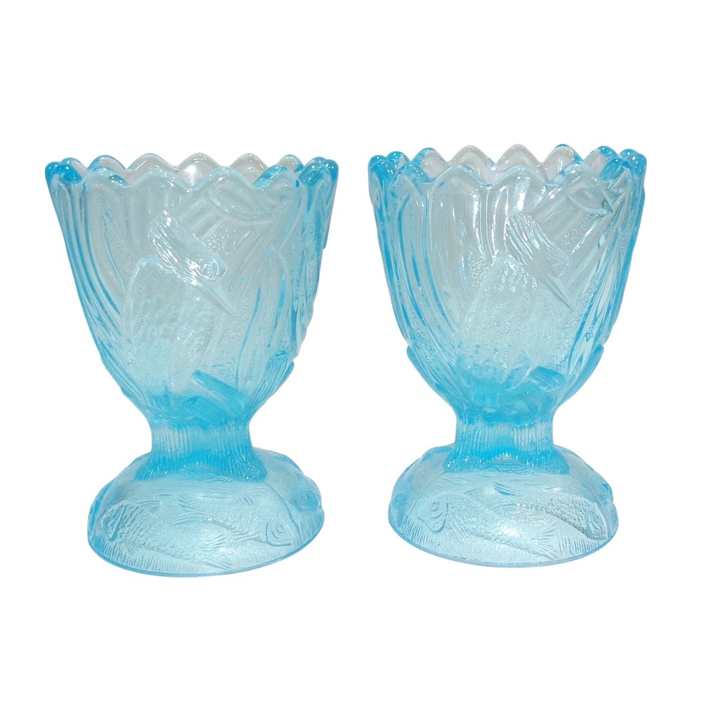 Pair of EAPG Canton Glass Kingfisher Azure Blue Egg cups